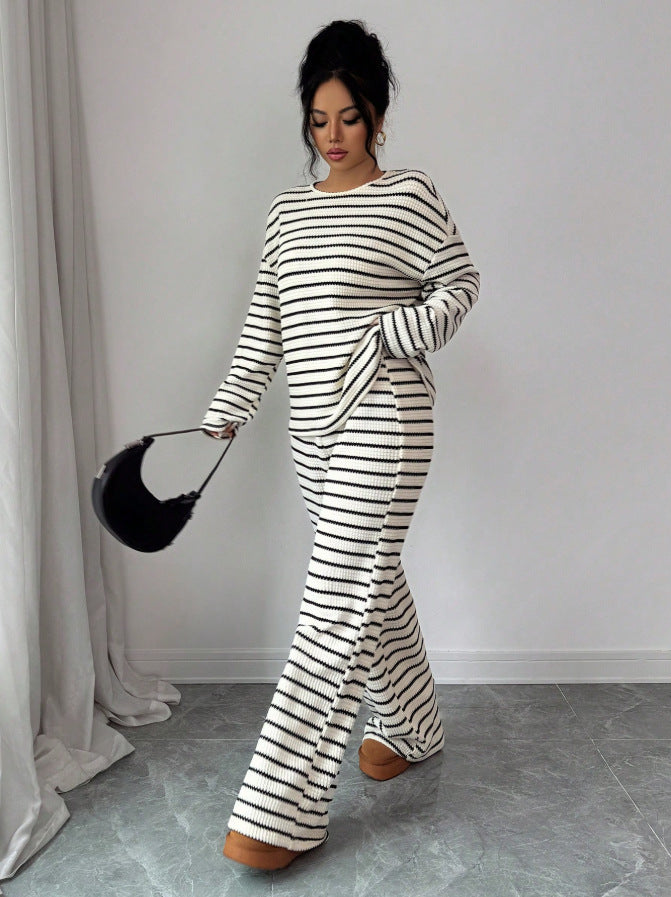 Stripe Knit Lounge Set Crew Neck Top and Wide Leg Pants