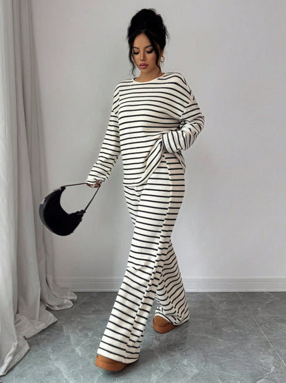 Stripe Knit Lounge Set Crew Neck Top and Wide Leg Pants