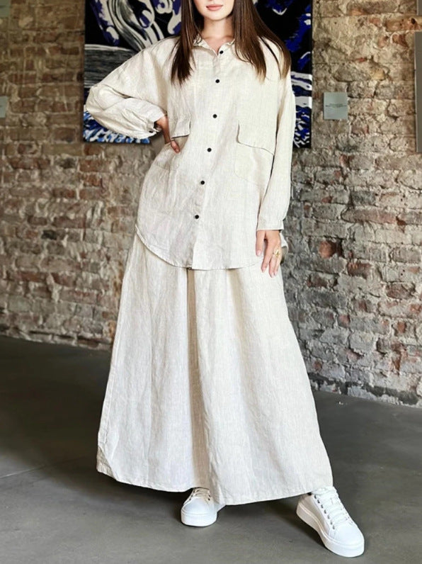 Plus Size Cotton Linen Button Shirt Long Skirt Set