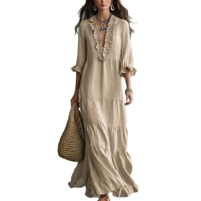 Women's Boho Tiered Ruffle Maxi Dress V-Neck 3/4 Sleeve