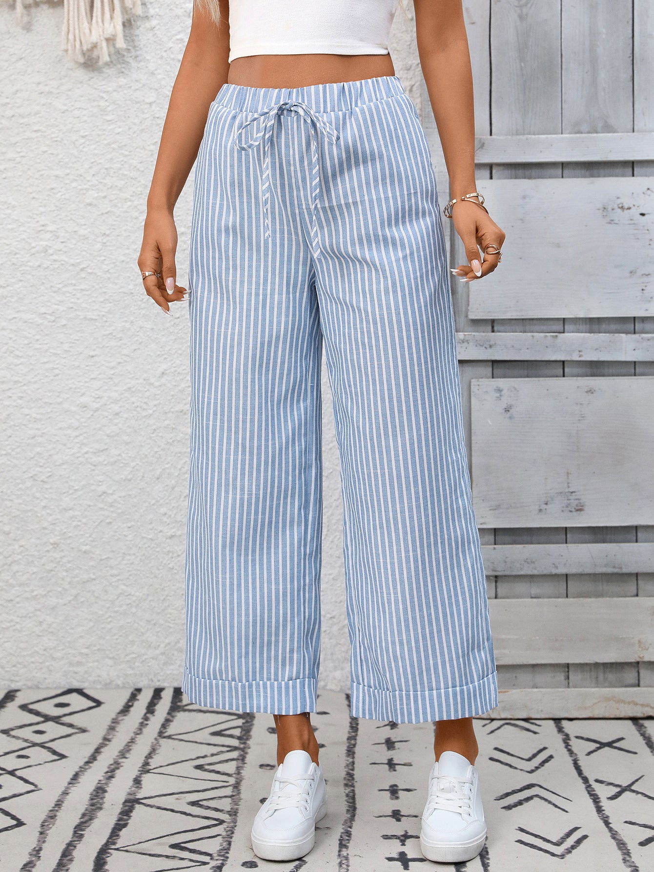 Striped High Waist Drawstring Wide Leg Summer Pants