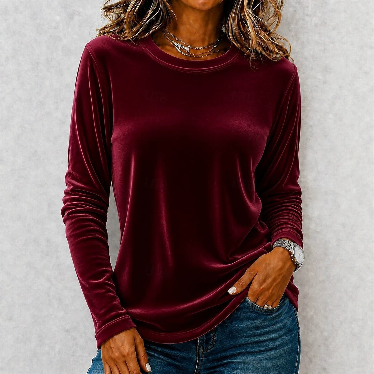 Women's Velvet Long Sleeve Top Casual Round Neck Blouse