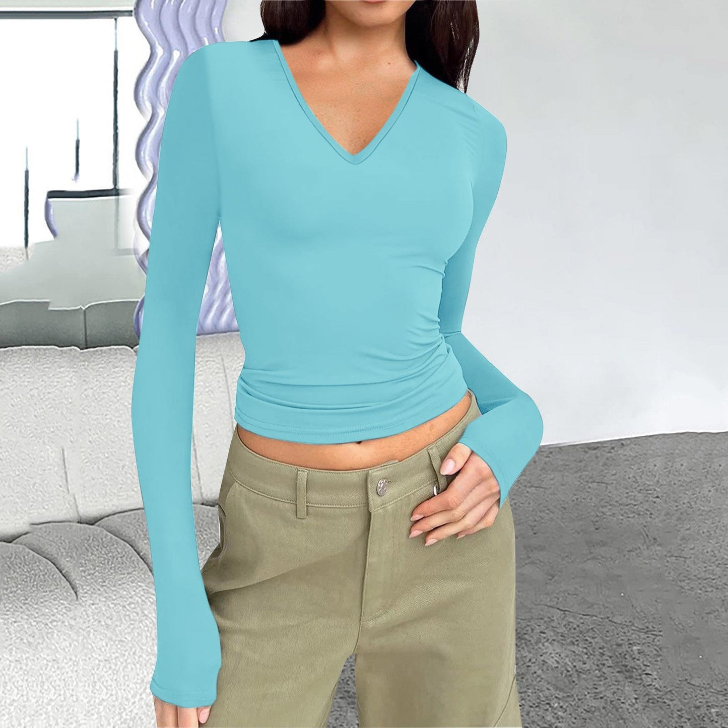 Women's V-Neck Long Sleeve Slim Fit Basic Top