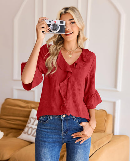 Ruffle V Neck 3/4 Sleeve Textured Blouse Top