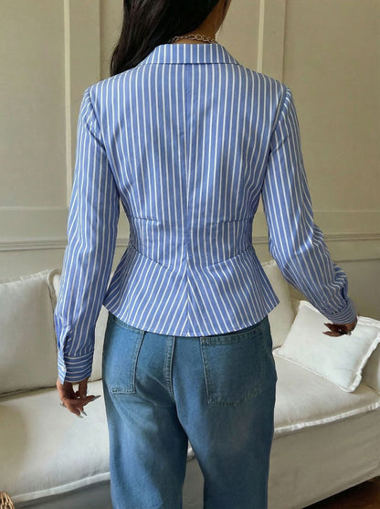 Women's Striped Wrap Blouse Asymmetric Hem Work Top