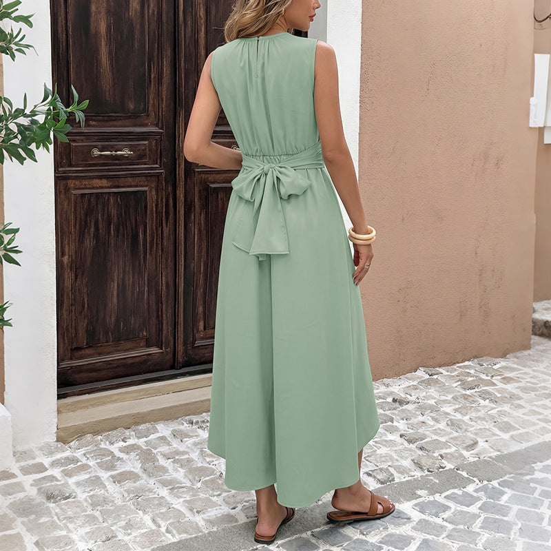 Sleeveless Tie Waist Midi Dress Flowy Asymmetrical Hem