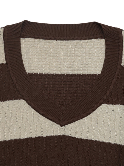 Striped V Neck Knit Sweater Slim Fit Pointelle Pullover