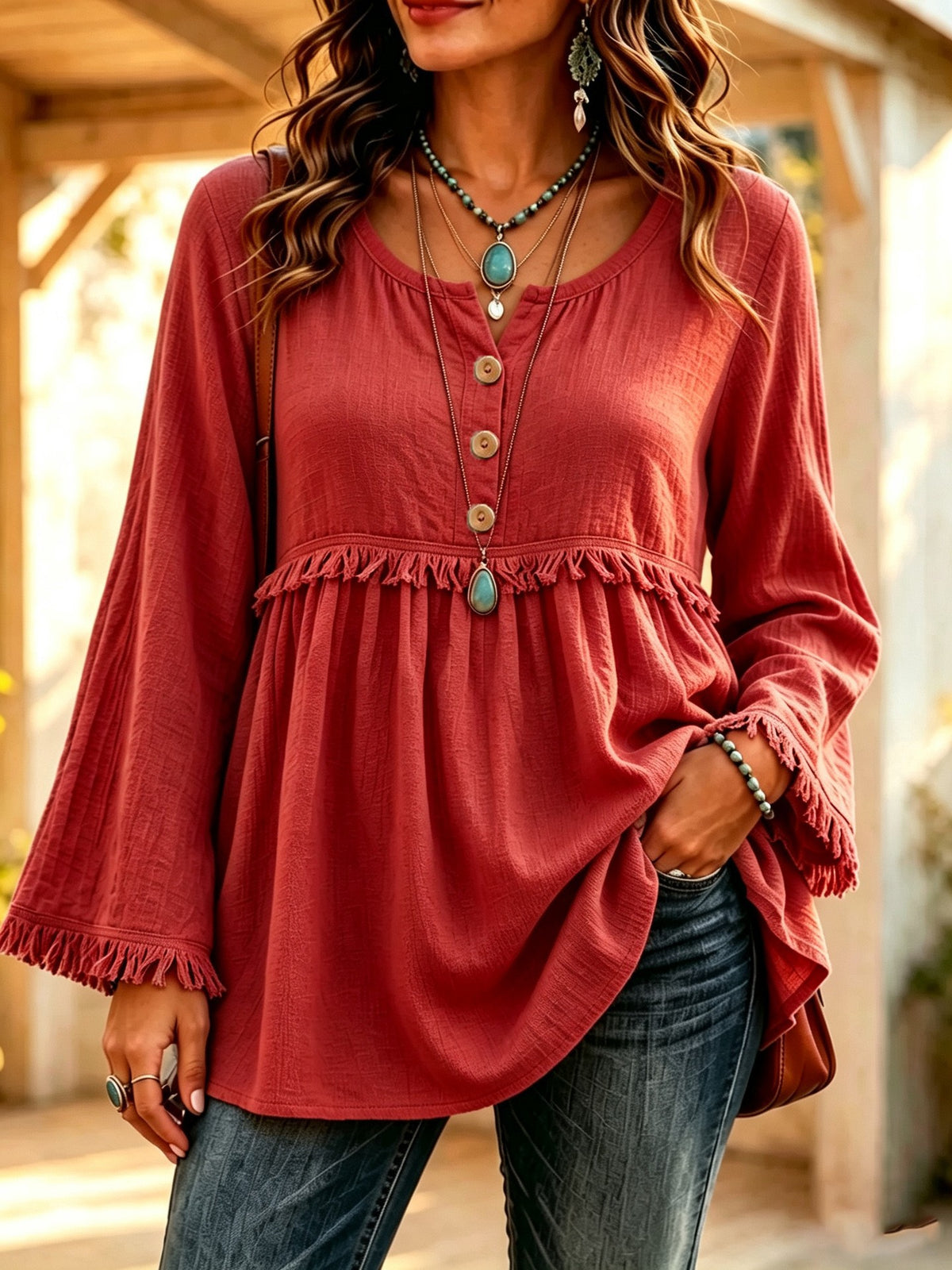 Boho Fringe Button Front Long Sleeve Casual Top