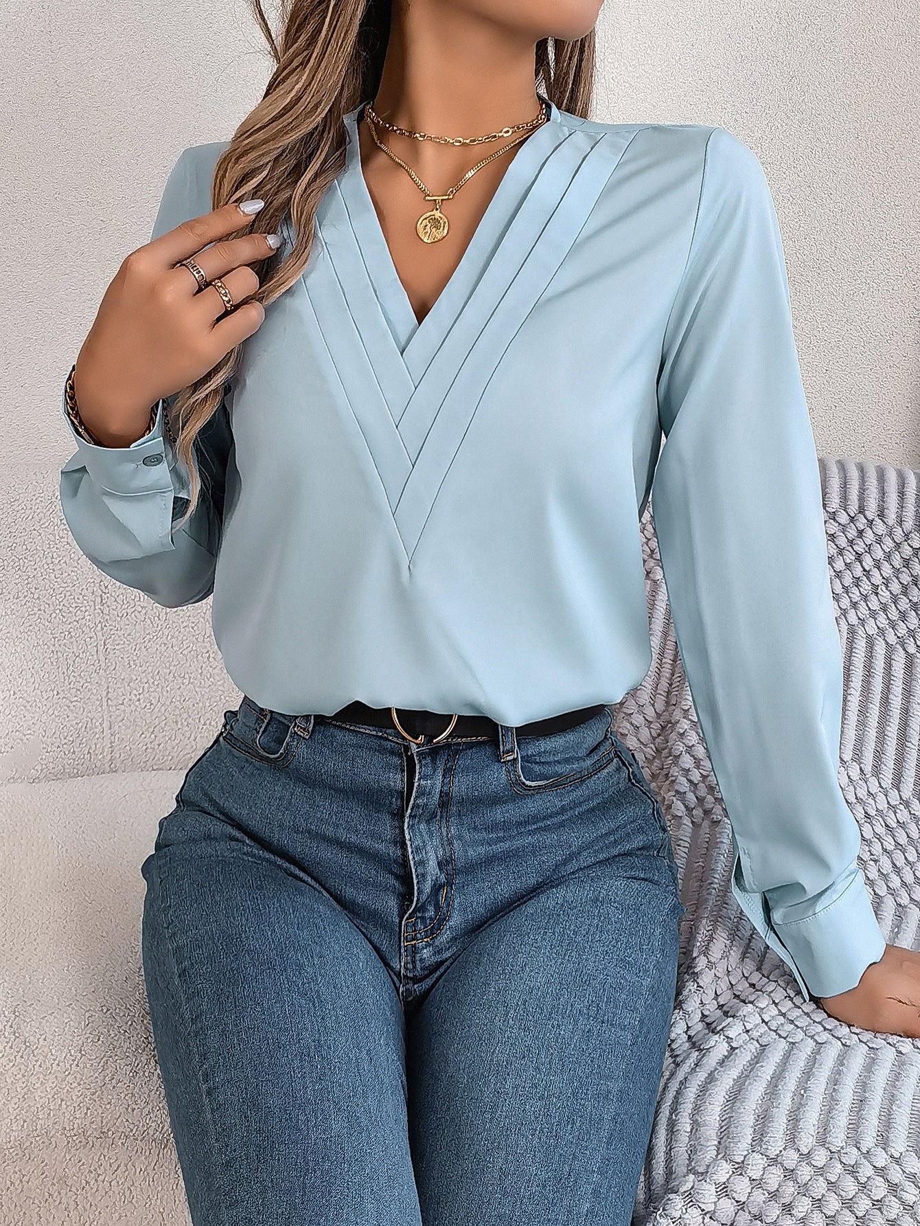 Elegant Layered V-Neck Long Sleeve Blouse – 2025 Fall/Winter