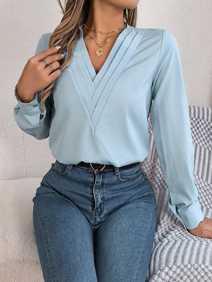 Elegant Layered V-Neck Long Sleeve Blouse – 2025 Fall/Winter