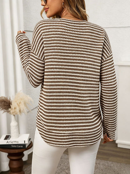 Striped waffle knit tunic top relaxed curved hem