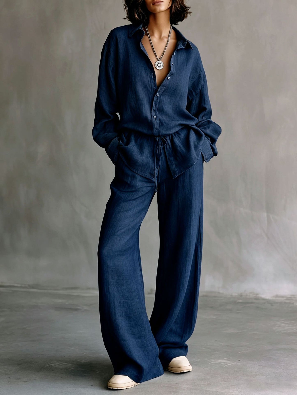 Women's Button Down Shirt Wide Leg Pants Matching Set