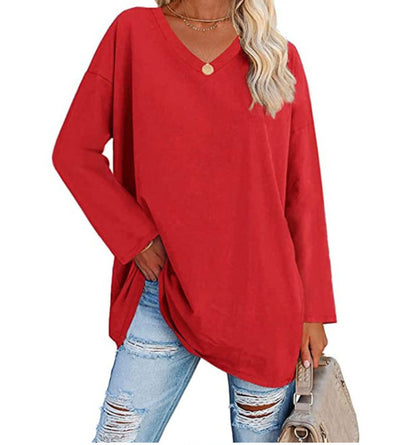 Women's Oversized V-Neck Long Sleeve Loose Fit T-Shirt