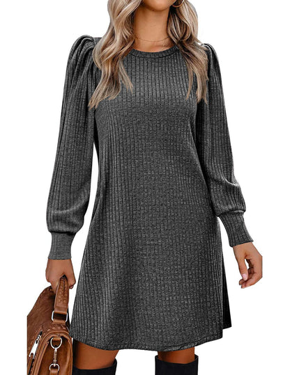 Ribbed Puff Sleeve A-Line Midi Sweater Dress