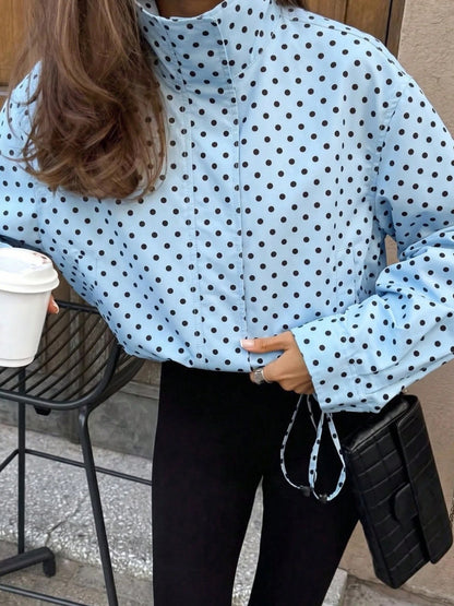 Polka Dot Zip Jacket Stand Collar Pocket Loose Coat