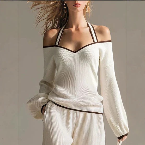 Off Shoulder Contrast Trim Knit Top and Pants Set