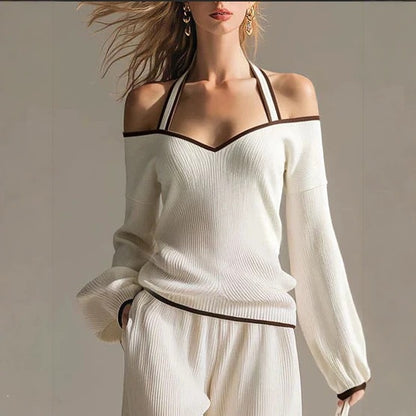 Off Shoulder Contrast Trim Knit Top and Pants Set