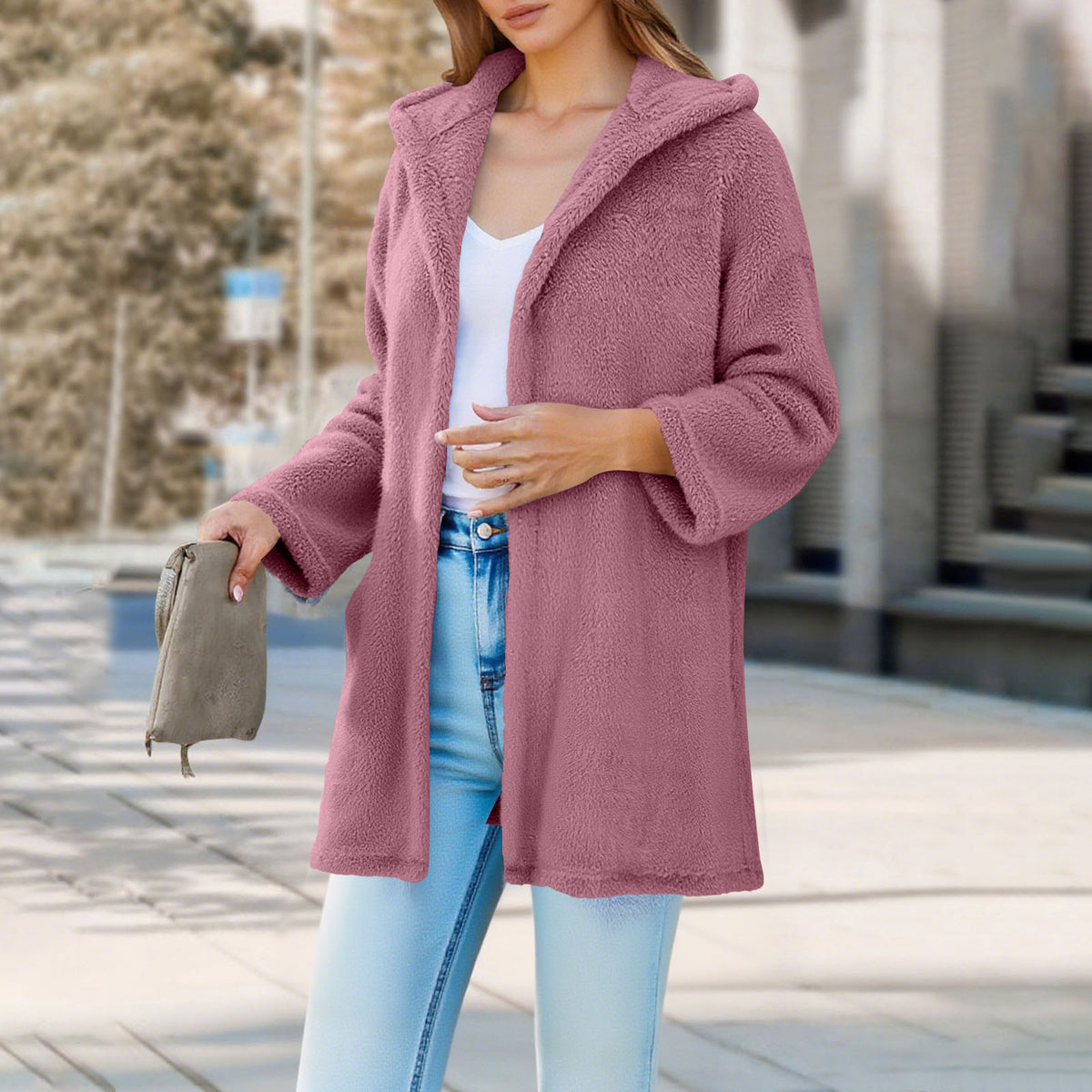 Oversized Sherpa Hooded Cardigan Open Front Coat