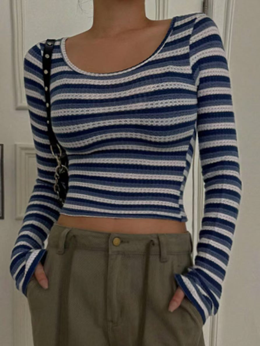 Y2K Striped Fitted Long Sleeve Crop Top T-Shirt