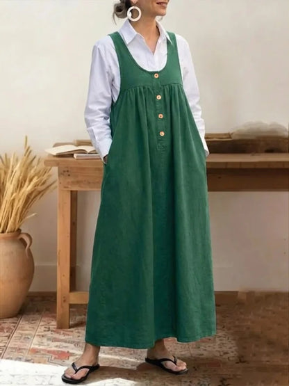 Women's Solid Button Front Jumper Dress Sleeveless