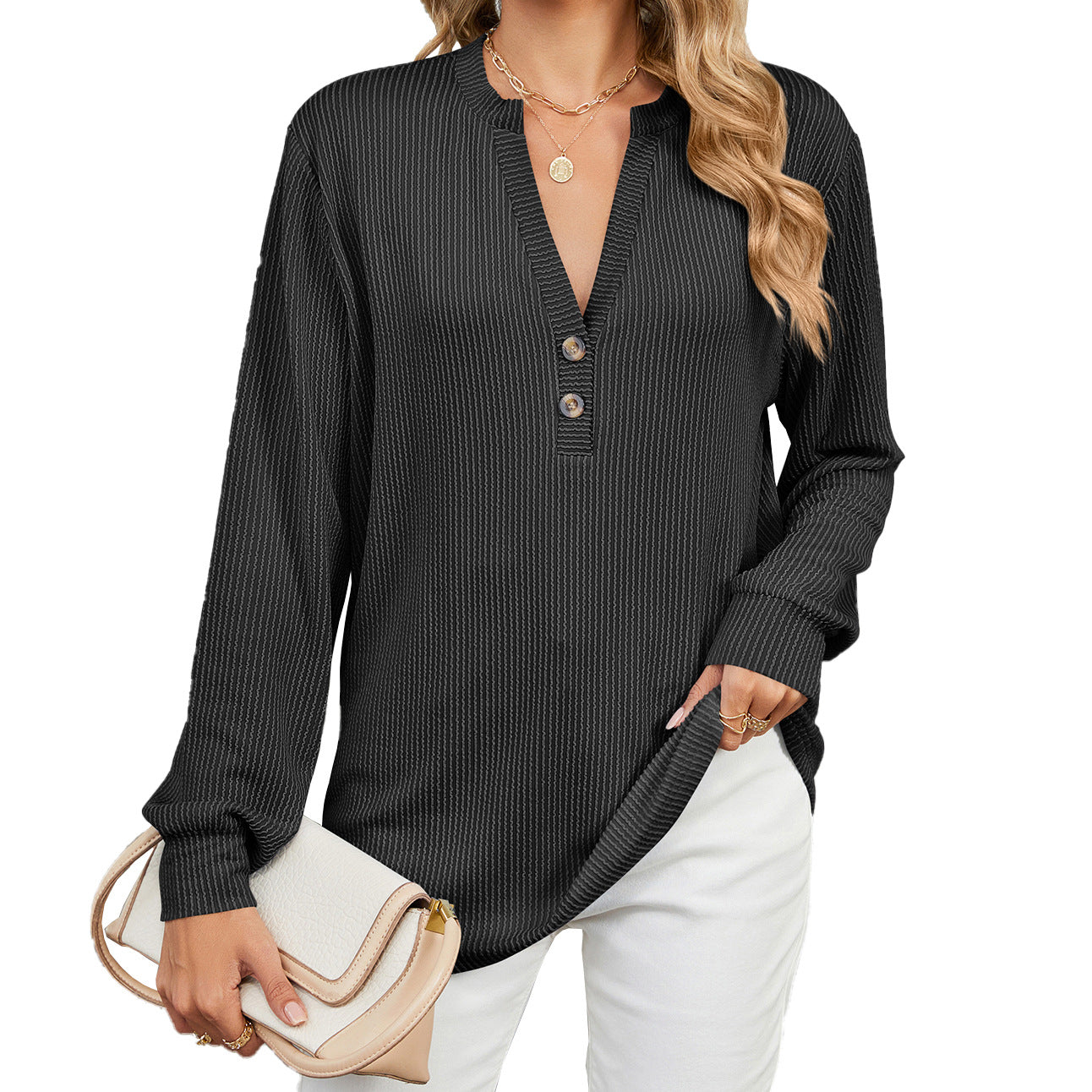 Women's Oversized Ribbed V Neck Button Long Sleeve Top
