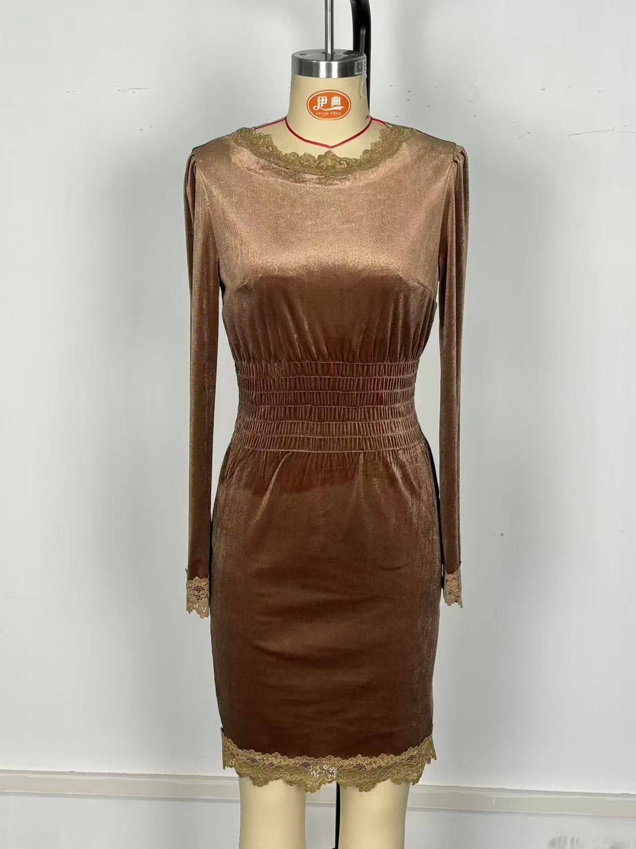 Brown Velvet Midi Dress Smocked Waist Lace Trim