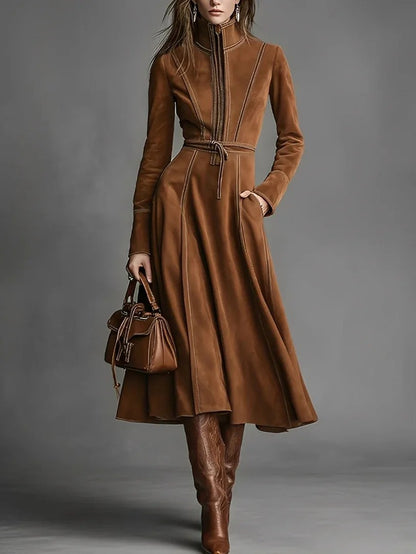 Vintage Faux Suede Long Sleeve Belted Zip Front Maxi Dress