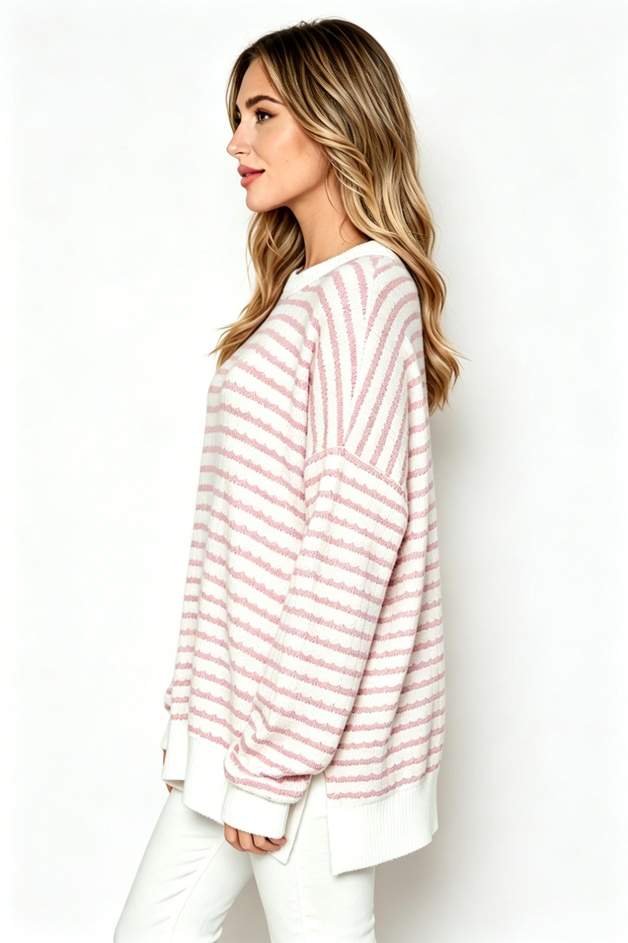 Oversized Stripe Knit Sweater Crew Neck Side Slit Pullover