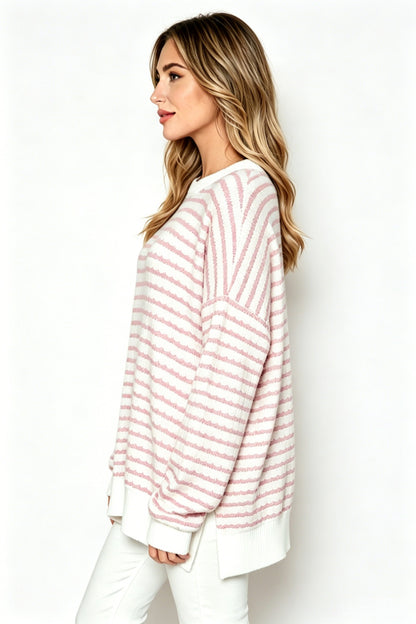 Oversized Stripe Knit Sweater Crew Neck Side Slit Pullover