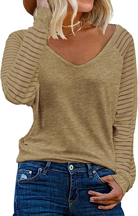 Striped Sleeve V Neck Cotton Long Sleeve Top