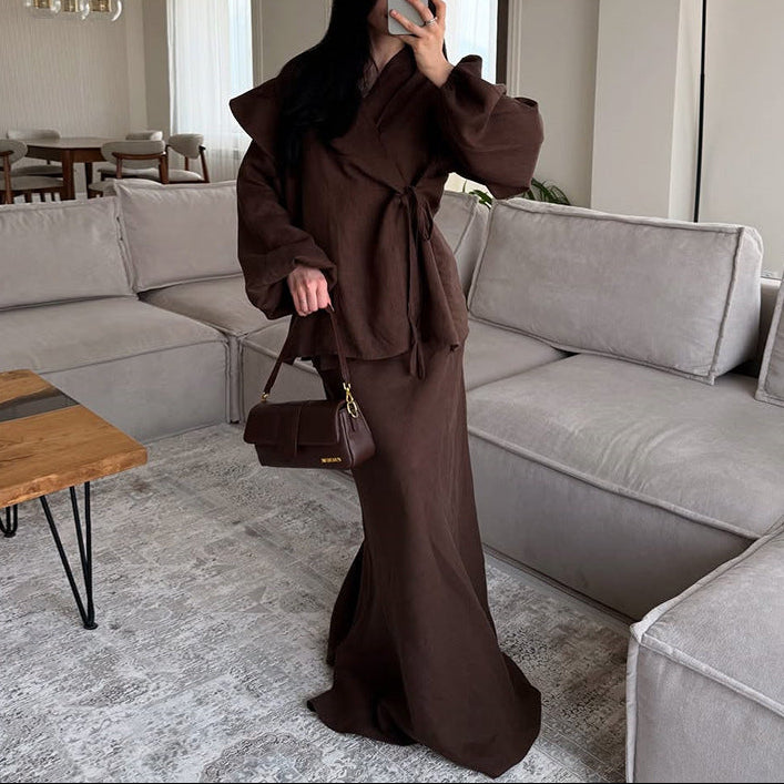 Tie Front Wrap Top & Maxi Skirt Two Piece Set