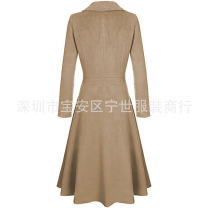 Women Winter A-Line Wool Coat Lapel Midi Jacket Pockets