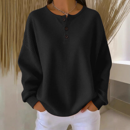 Women's Oversized Waffle Knit Henley Long Sleeve Top