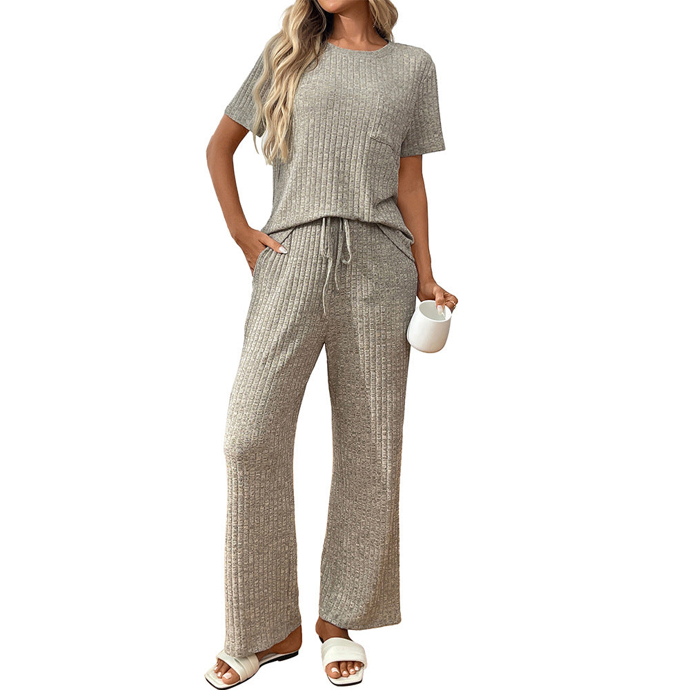 Short Sleeve Ribbed Knit Lounge Set with Drawstring Pants