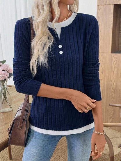 Ribbed Faux Layered Henley Long Sleeve Casual Top