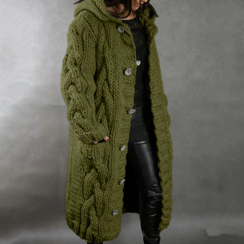 Women's Chunky Cable Knit Hooded Long Cardigan Plus Size