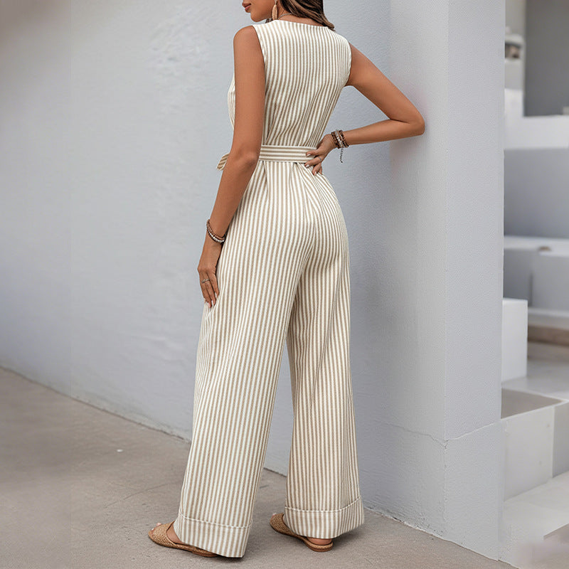 Striped Linen Blend Jumpsuit Sleeveless Wide Leg Romper