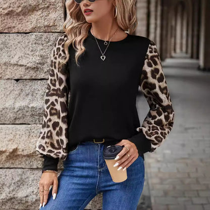 Color Block Leopard Puff Sleeve Casual Top