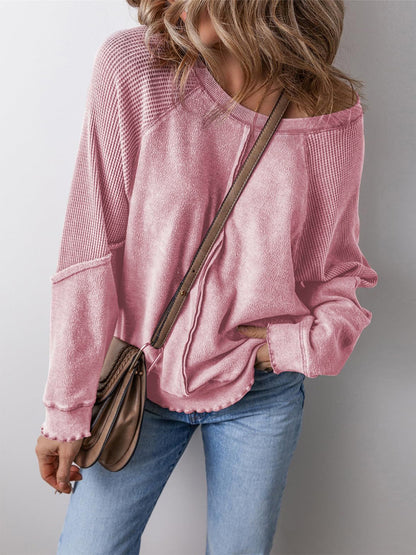 Oversized Crewneck Sweatshirt Exposed Seam Waffle Knit