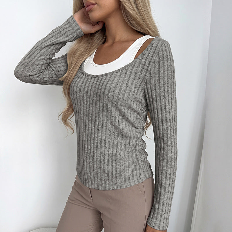 Ribbed Knit Layered Top Scoop Neck Long Sleeve Fitted