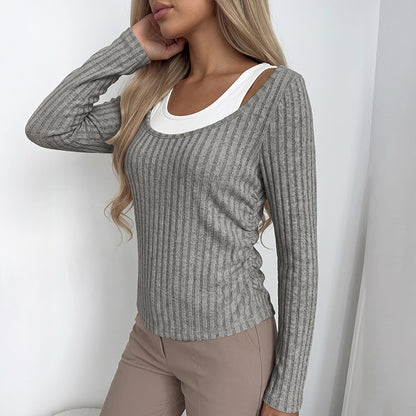 Ribbed Knit Layered Top Scoop Neck Long Sleeve Fitted
