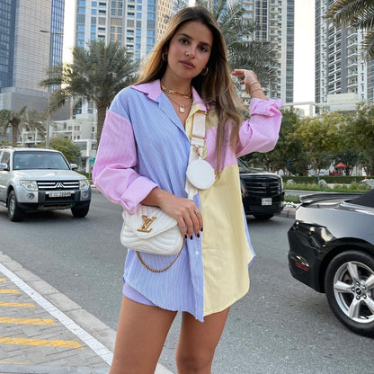 Women's Color Block Striped Oversized Button Down Shirt