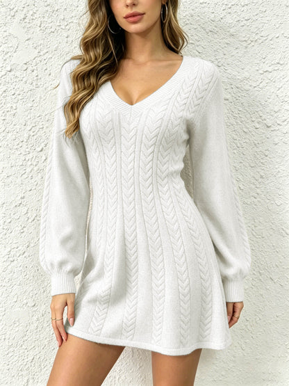 Cable Knit V-Neck Sweater Dress Balloon Sleeve Fit Flare