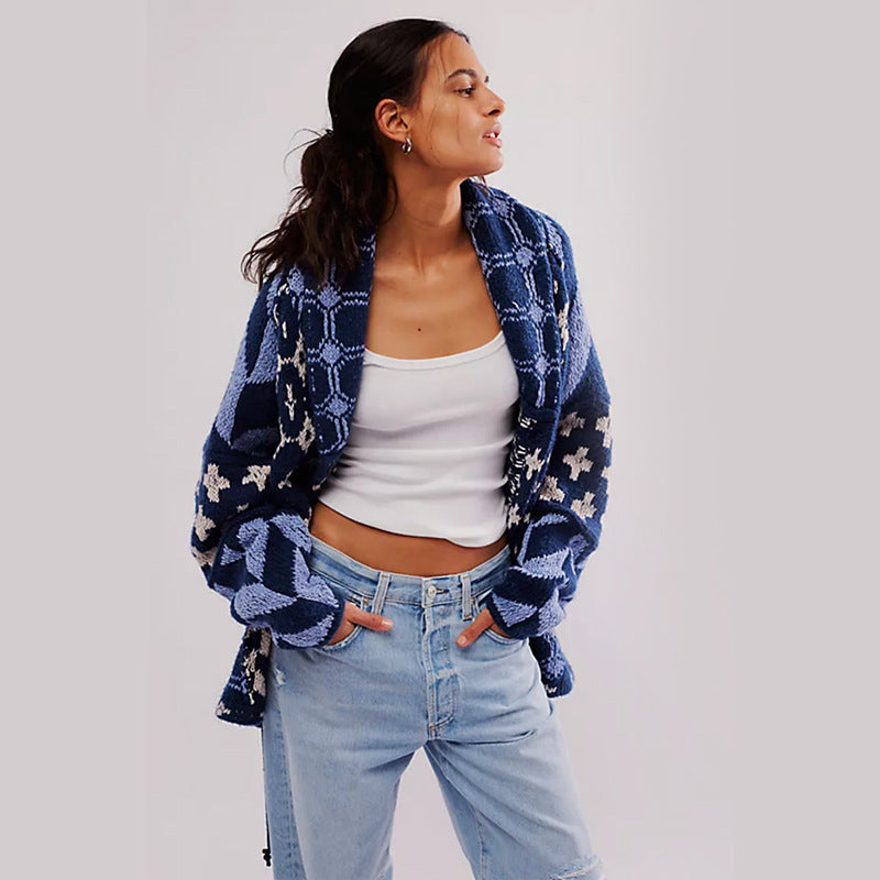 Y2K Oversized Geometric Knit Cardigan Button Front