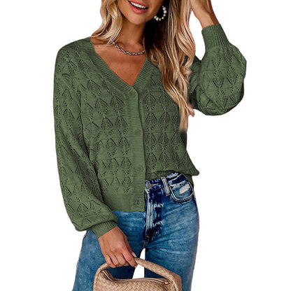 Women's V-Neck Button Front Crochet Knit Cardigan Sweater