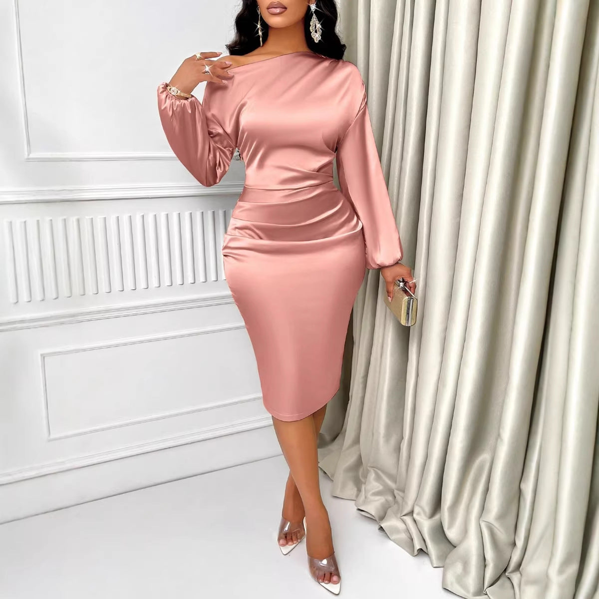 One Shoulder Satin Long Sleeve Bodycon Midi Dress