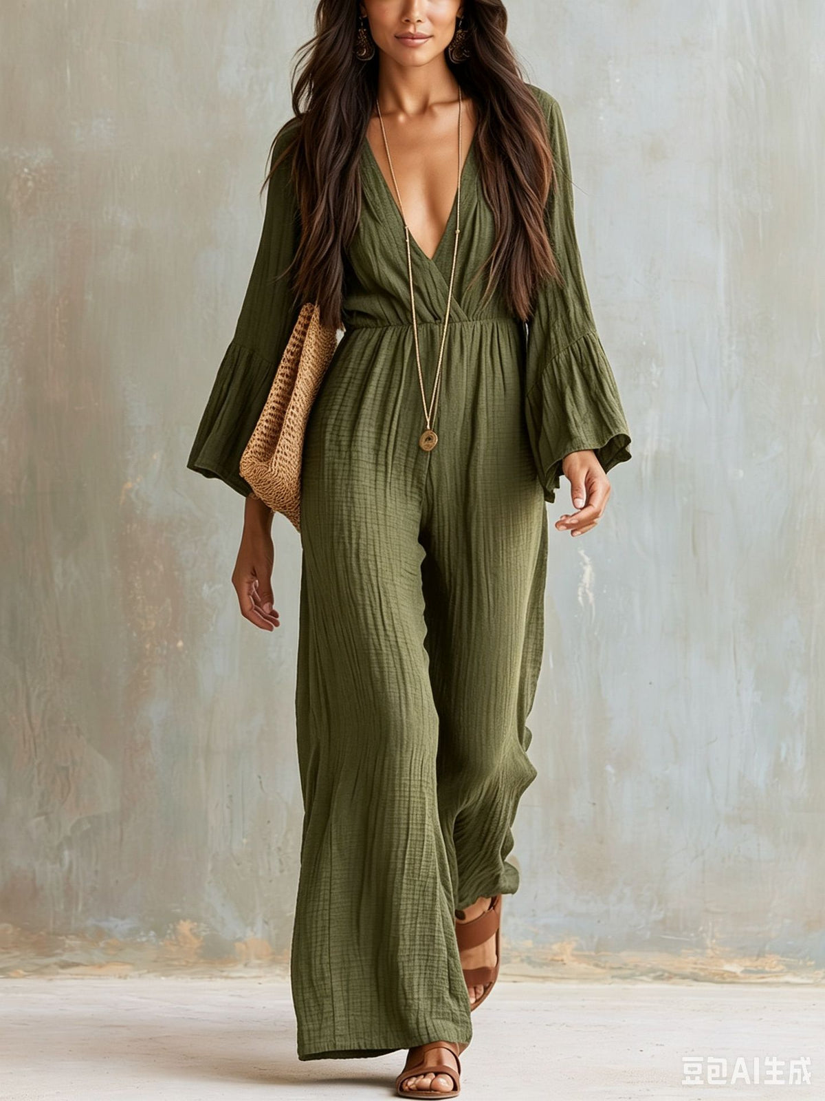 Boho V Neck Jumpsuit Wide Leg Bell Sleeve Elastic Waist
