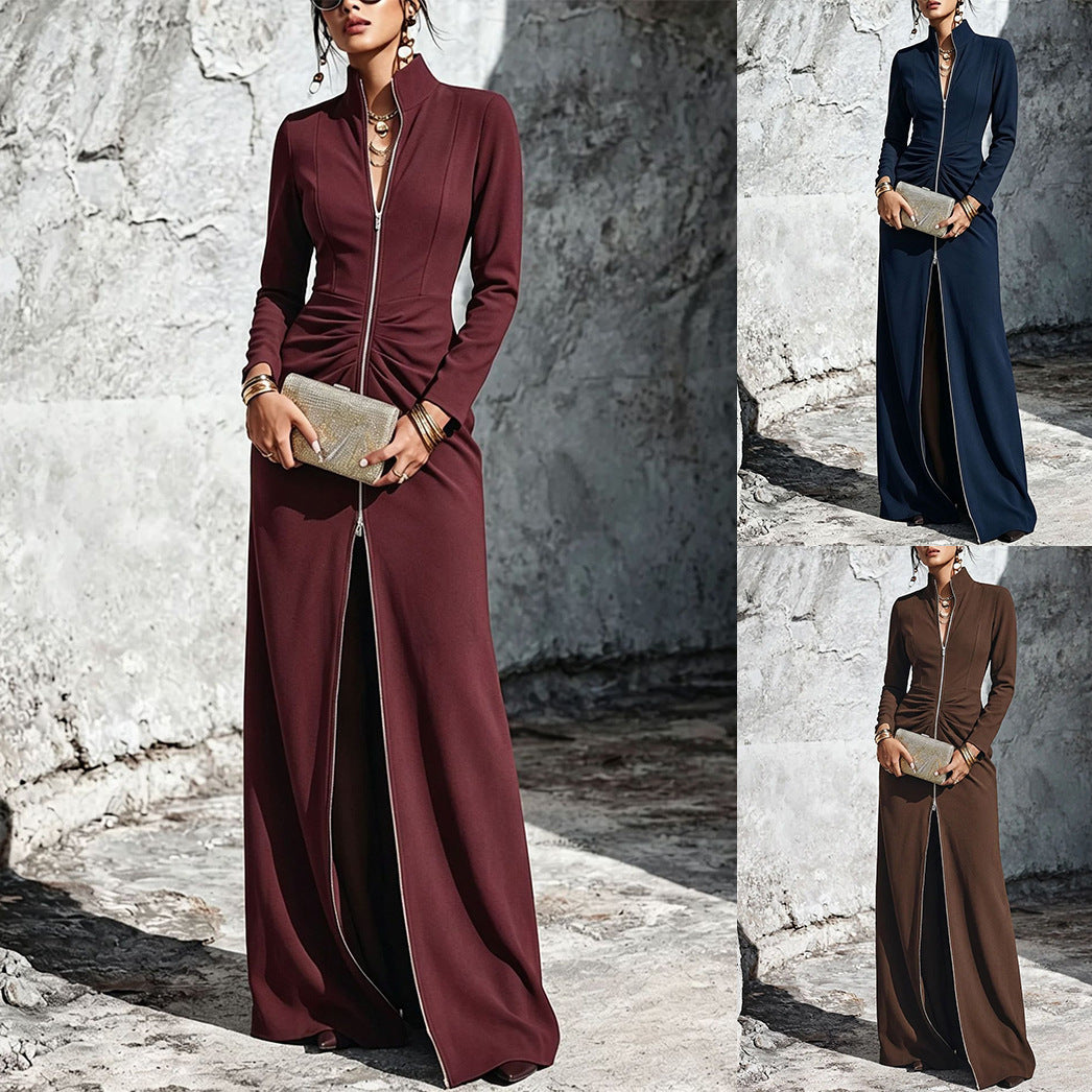 Ruched High Neck Zip Front Maxi Dress Bodycon Long Sleeve