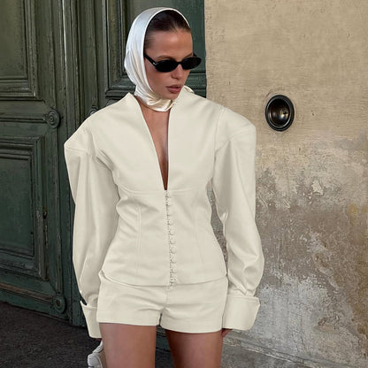 Women's 2 Piece V-Neck Blazer Shorts Set Business Casual