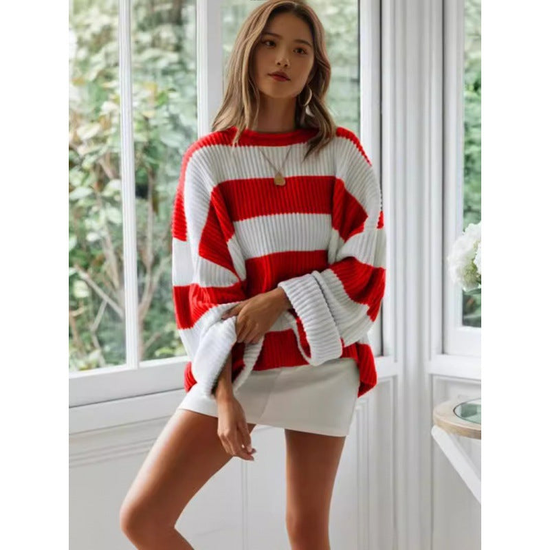 Women's Oversized Striped Crewneck Knit Sweater Pullover